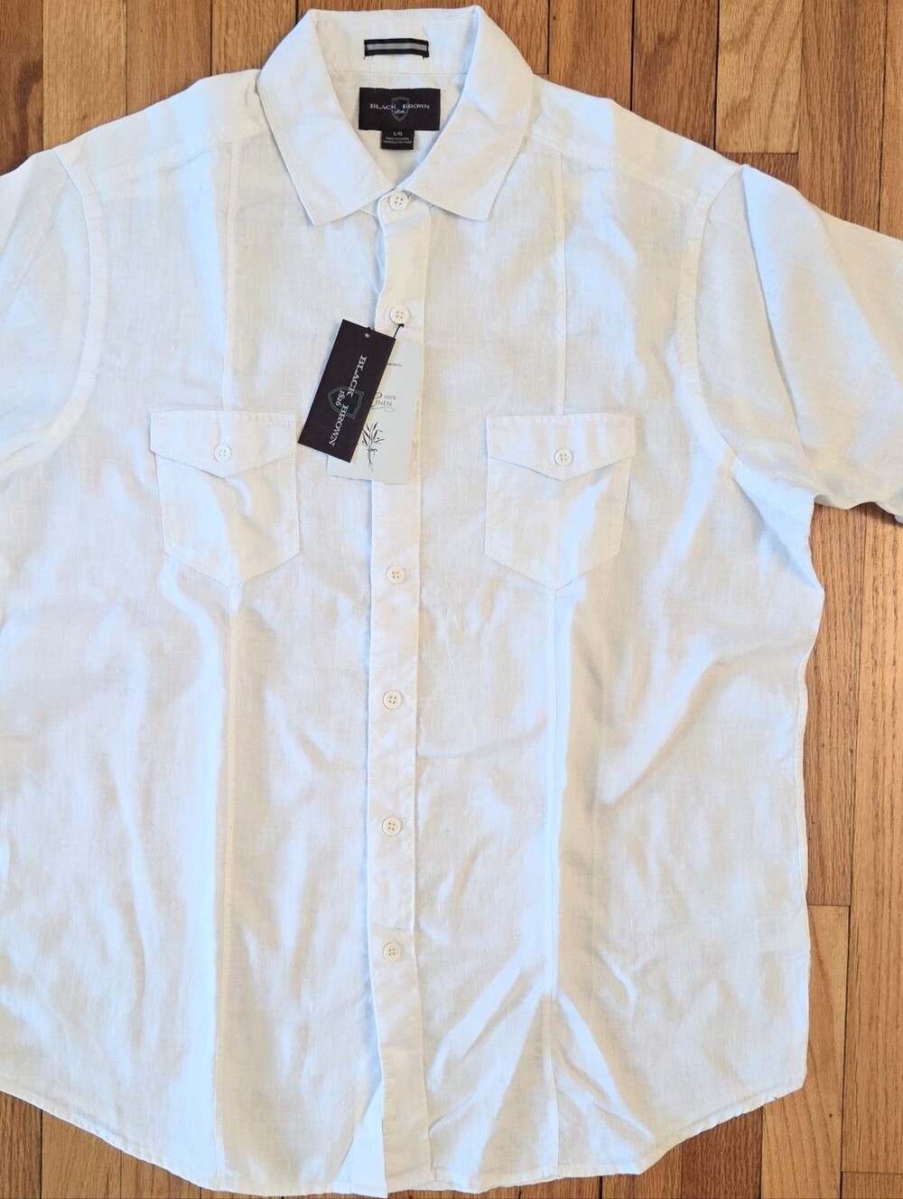Black Brown 1826 Shirt Mens L White 100% Linen Short Sleeve Summer Casual NWT